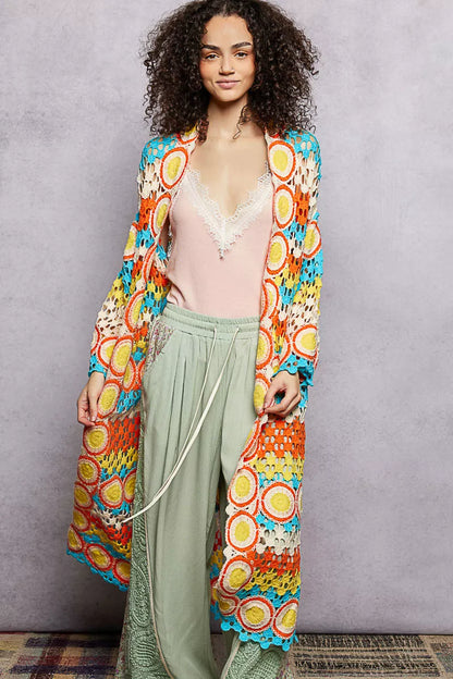 POL Scalloped Edge Open Front Crochet Cardigan with Colorful Stripe Pattern - Tigbul's Variety Fashion Shop