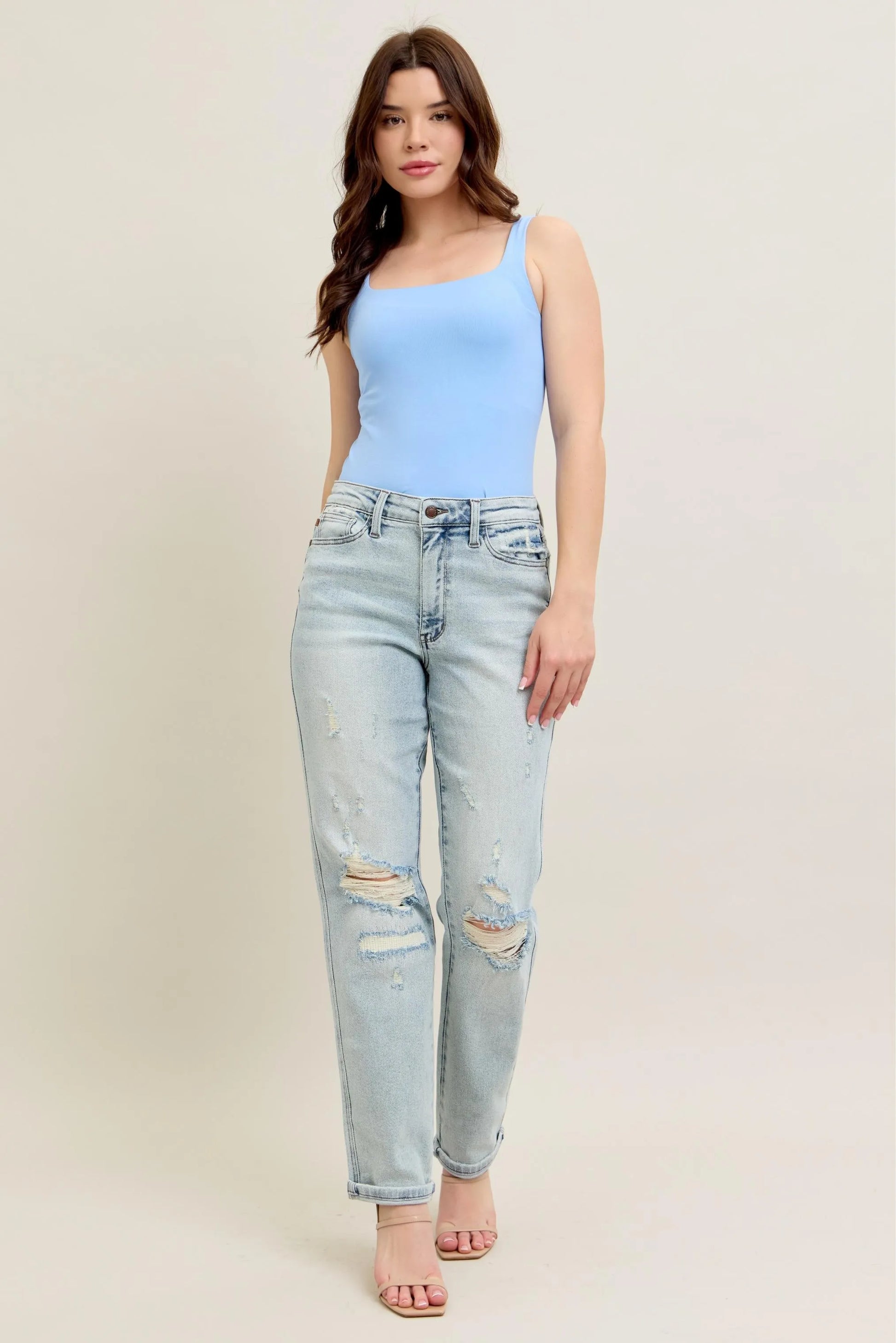Judy Blue Full Size Mr Repair Stitch Detail Destroy Single Cuff Bf Jeans Plus Size - Tigbul's Variety Fashion Shop
