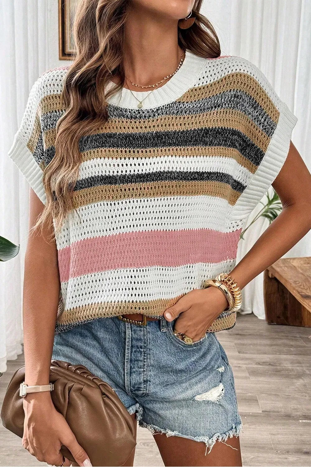 Stripe Color Block Eyelet Knit Short Sleeve Knit Top - Tigbul's Variety Fashion Shop