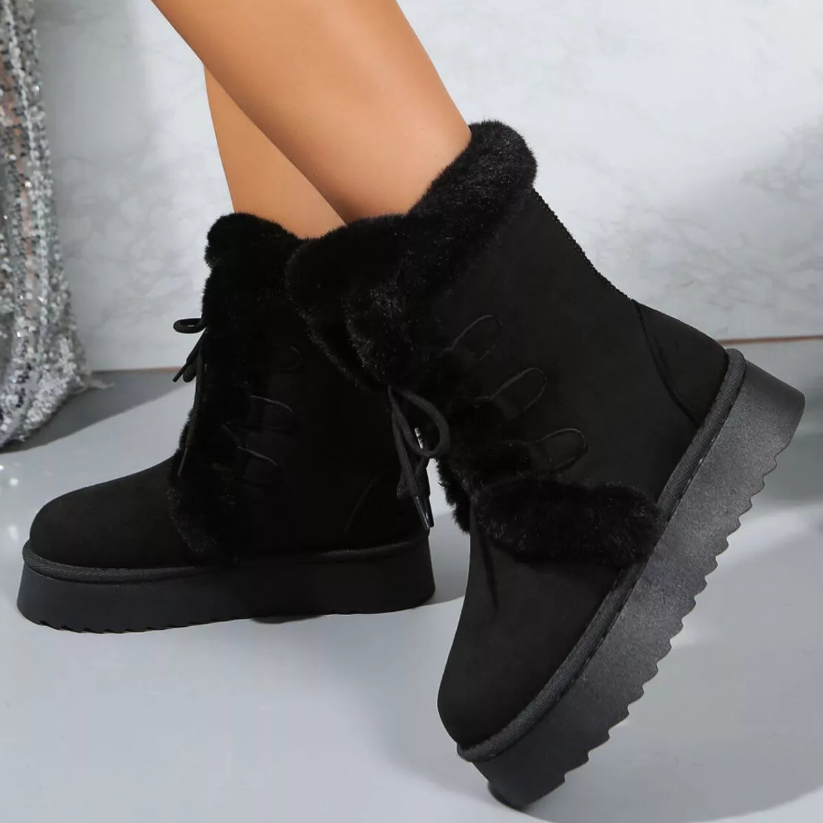 Fuzzy Trim Lace-Up Platform Boots - Tigbul's Variety Fashion Shop