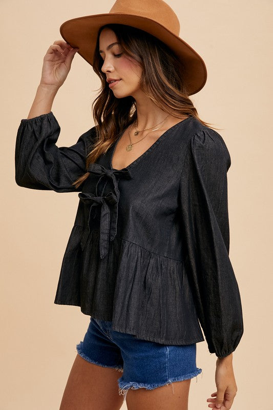 Black Tie Front Peplum Long Sleeve Denim Top - Tigbul's Variety Fashion Shop