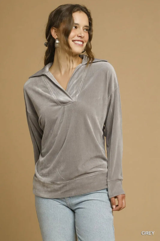 Umgee Soft Thermal Collared Long Sleeve Top - Tigbul's Variety Fashion Shop