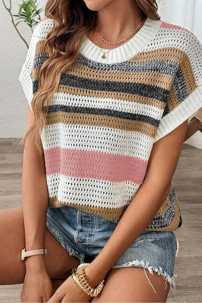 Stripe Color Block Eyelet Knit Short Sleeve Knit Top - Tigbul's Variety Fashion Shop