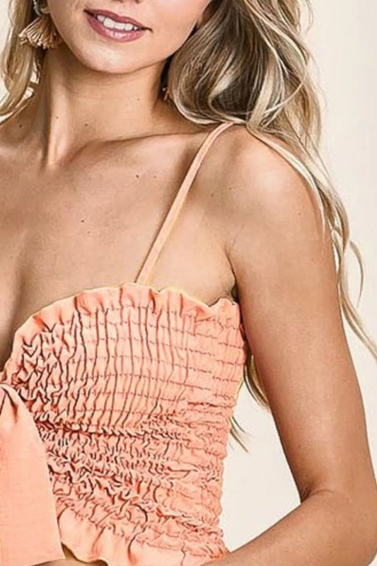 Woven Color Block Smocked with Ribbon Bra Top - Tigbul's Variety Fashion Shop