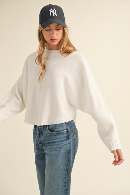 Off White Round Neck Dolman Sleeve Cropped Sweater - Tigbul's Variety Fashion Shop