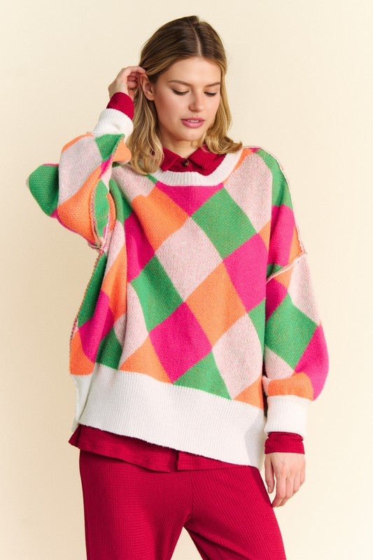 Davi & Dani Exposed Seam Color Block Dropped Shoulder Sweater - Tigbul's Variety Fashion Shop