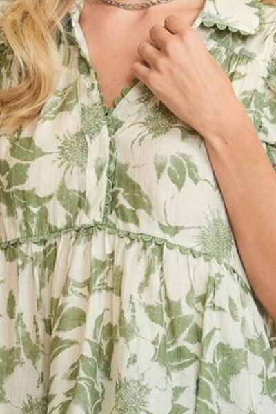 Light Green Botanical Print Babydoll Top - Tigbul's Variety Fashion Shop