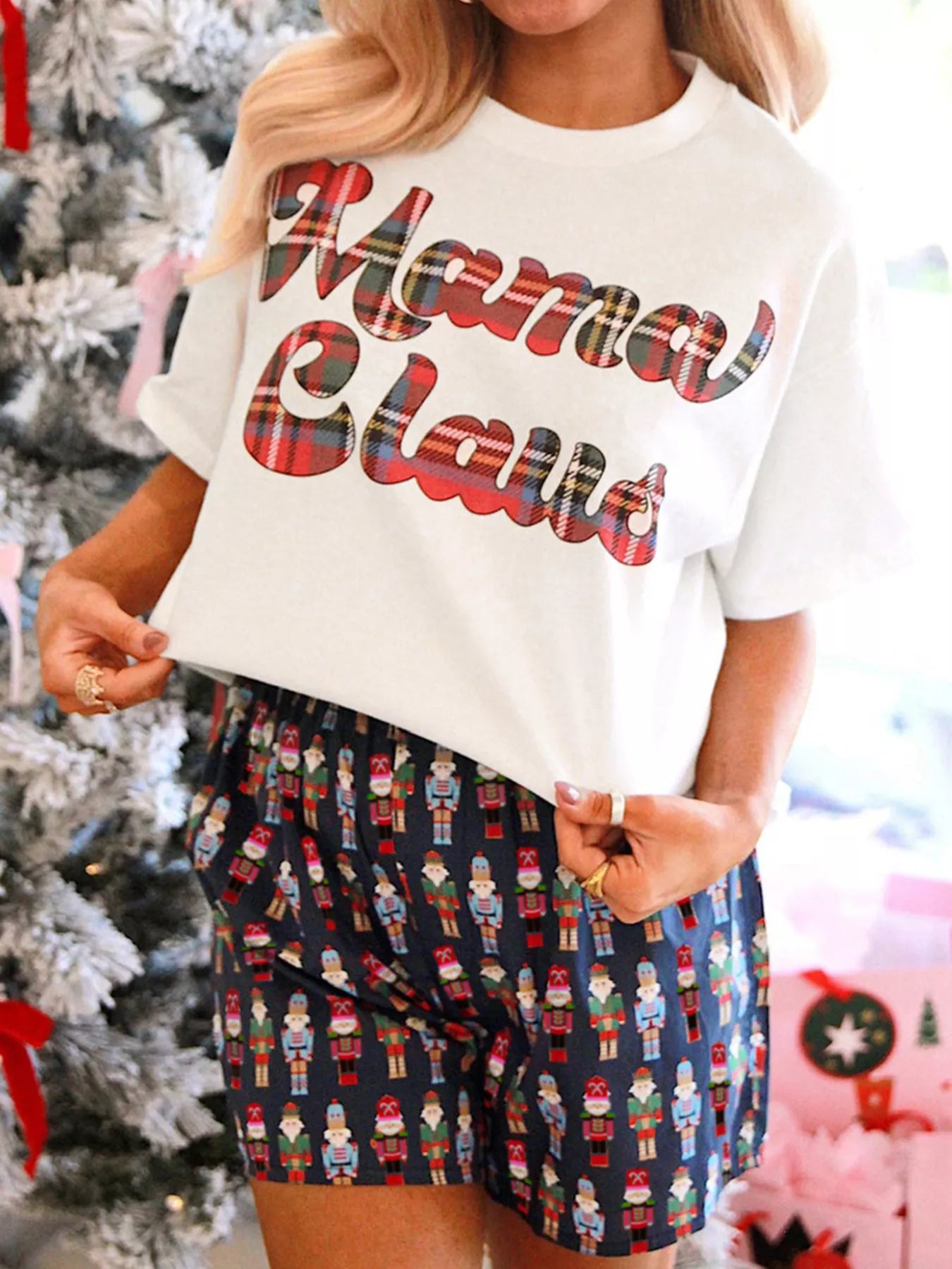 Mama Claus Plaid Letter Tee and Nutcracker Shorts 2pcs Lounge Set - Tigbul's Variety Fashion Shop