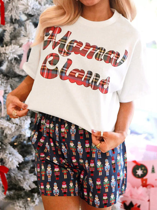 Mama Claus Plaid Letter Tee and Nutcracker Shorts 2pcs Lounge Set - Tigbul's Variety Fashion Shop