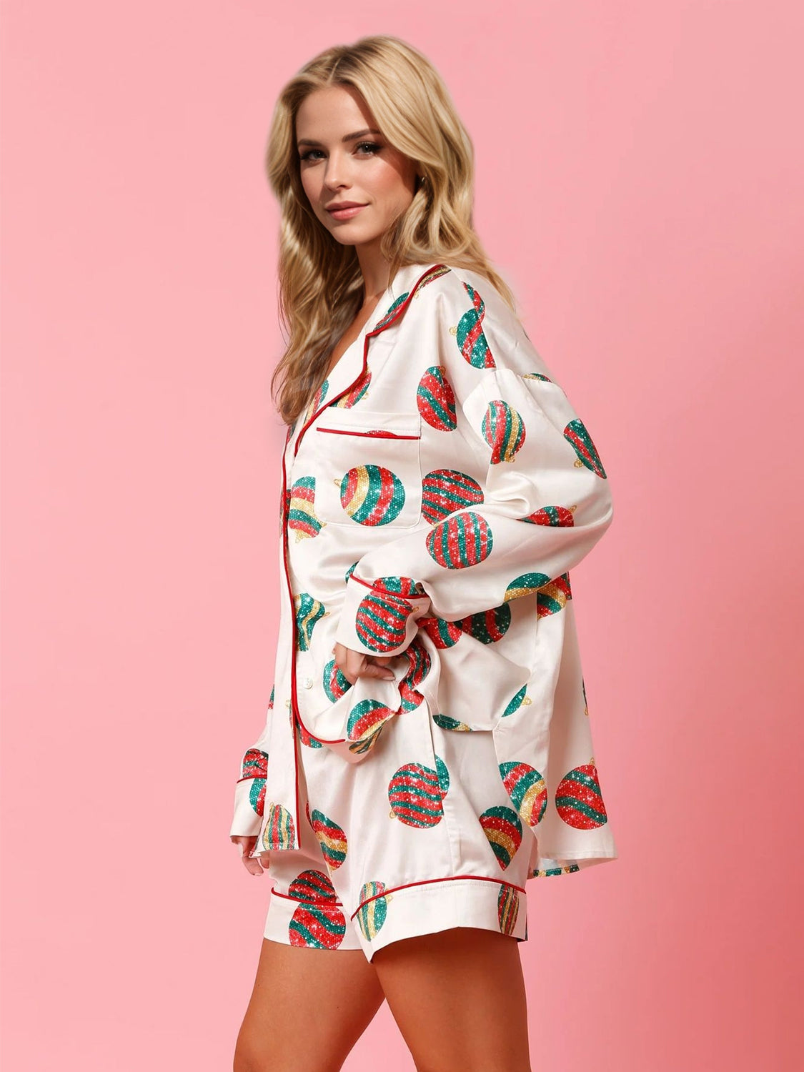 Printed Collared Neck Long Sleeve Top and Shorts Set - Tigbul's Variety Fashion Shop