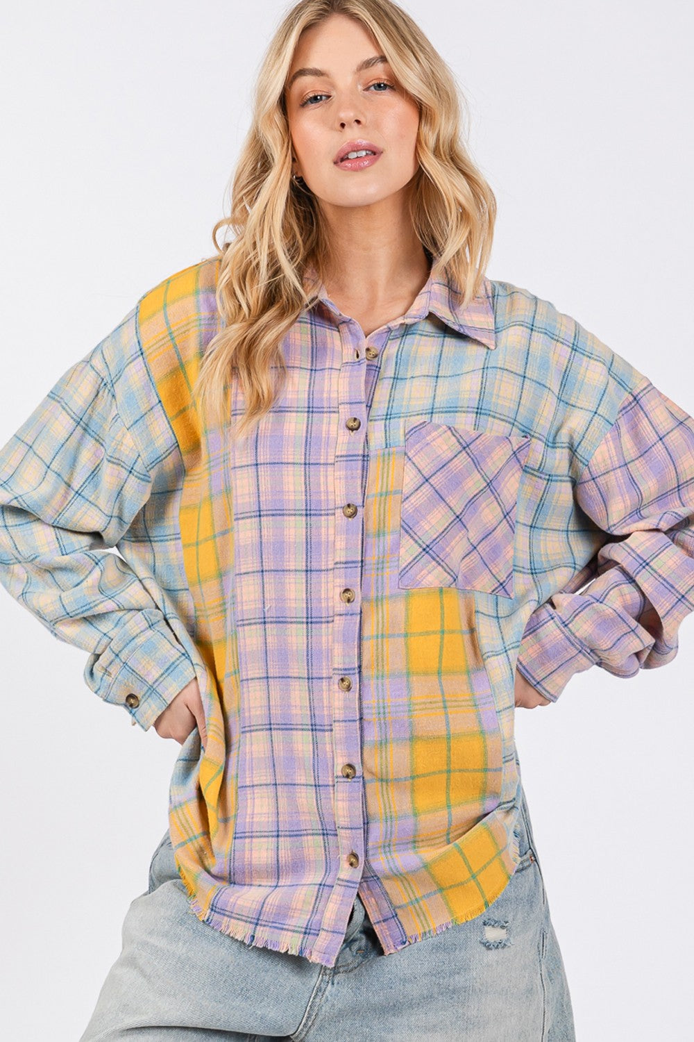 SAGE + FIG Button Up Raw Hem  Plaid Flannel Shirt - Tigbul's Variety Fashion Shop