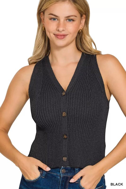 Zenana Ribbed Knit Button-Down Sweater Vest - Tigbul's Variety Fashion Shop