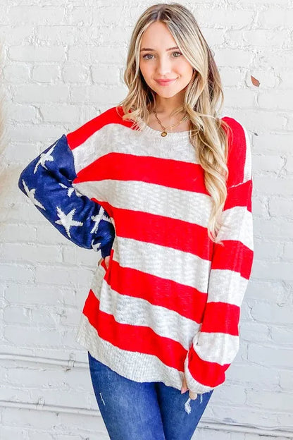 Red/Navy American Flag Long Sleeve Sweater - Tigbul's Variety Fashion Shop
