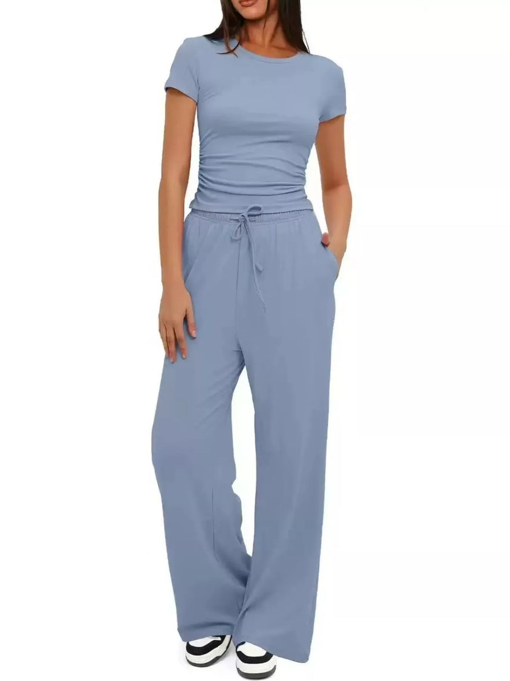 Round Neck Short Sleeve Top and Pants Set | Tigbuls Variety