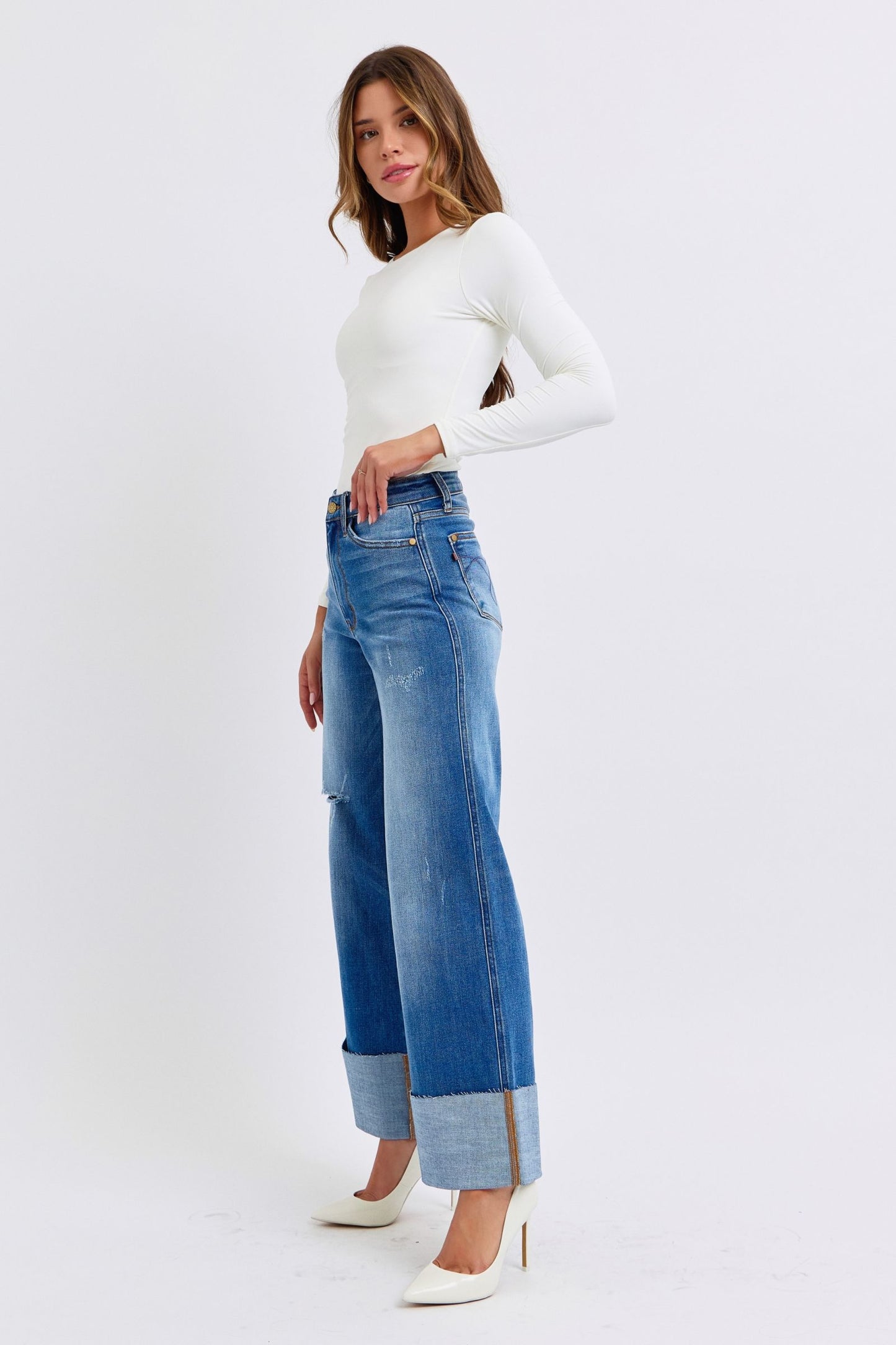 Judy Blue Full Size Distressed High Waist Wide Leg Jeans - Tigbul's Variety Fashion Shop