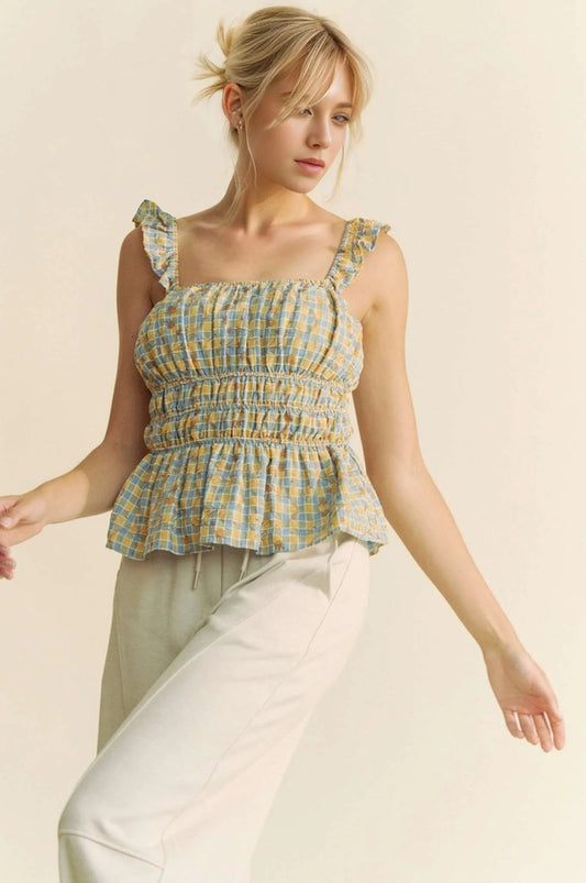 Plaid Ruffled Strap Smocked Blue Sleeveless Top - Tigbul's Variety Fashion Shop