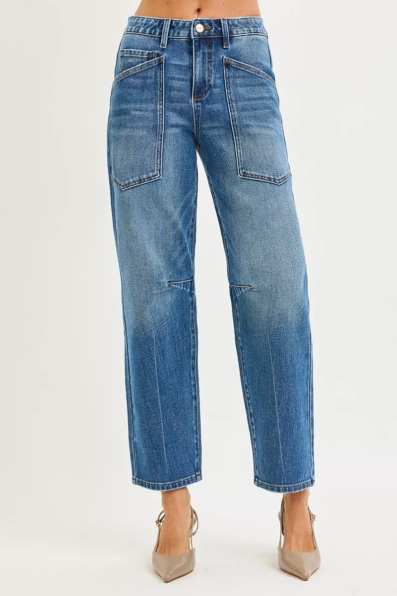 4 Way Stretch Mid Rise Barrel Dark Blue Jeans | Tigbuls Fashion