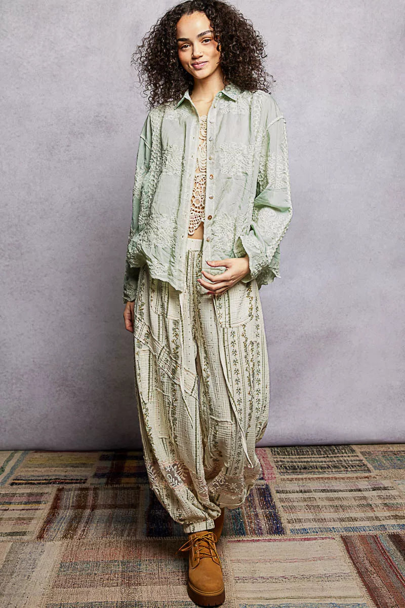 POL Embroidery Button Down Long Sleeve Shirt - Tigbul's Variety Fashion Shop