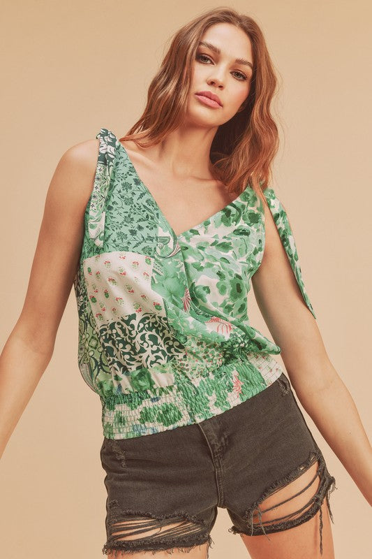 Aemi + Co Smocked Hem Printed Surplice Tank - Tigbul's Variety Fashion Shop
