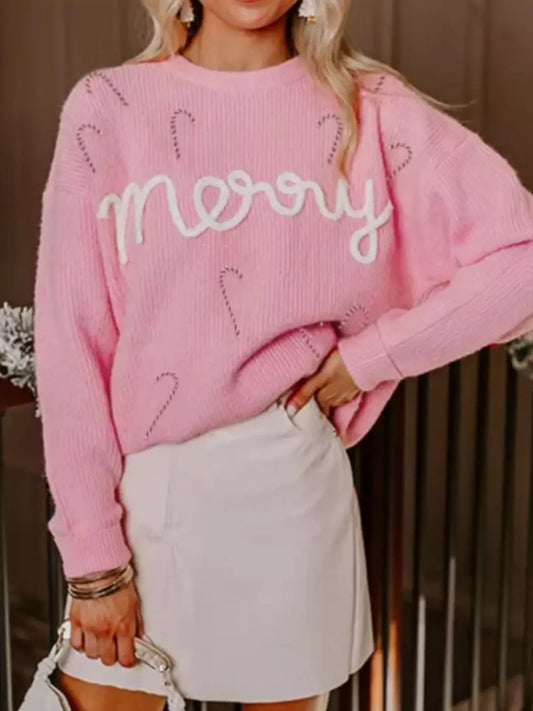 Merry Candy Cane Christmas Crew Neck Sweater - Tigbul's Variety Fashion Shop
