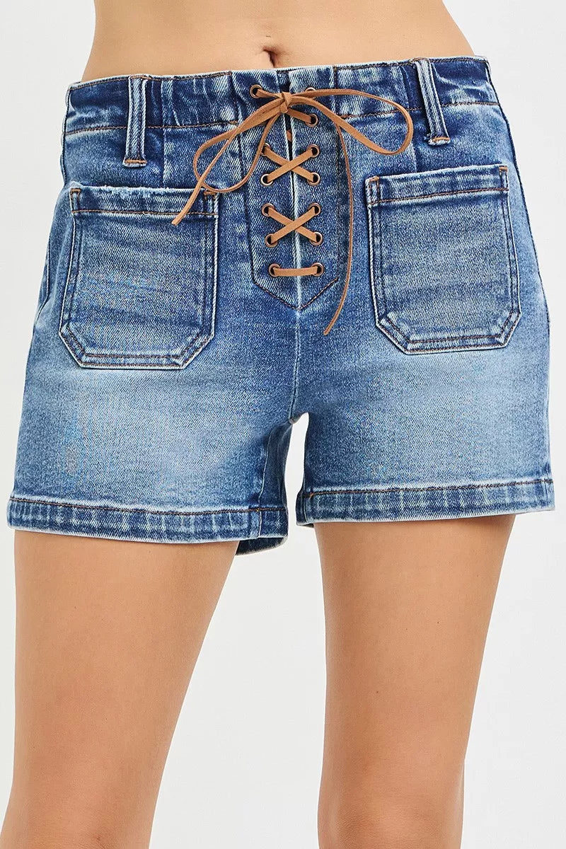 Medium-wash denim high-rise shorts, front lace-up tie with patch pockets