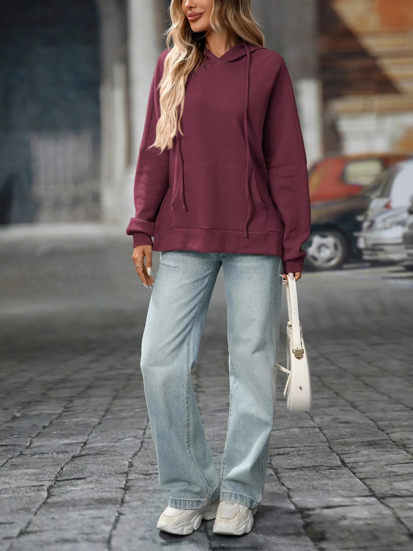 Textured Drawstring Long Sleeve Hoodie - Tigbul's Variety Fashion Shop