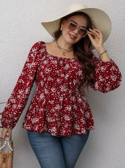 Floral Print Square Neck Long Sleeve Peplum Blouse - Tigbul's Variety Fashion Shop