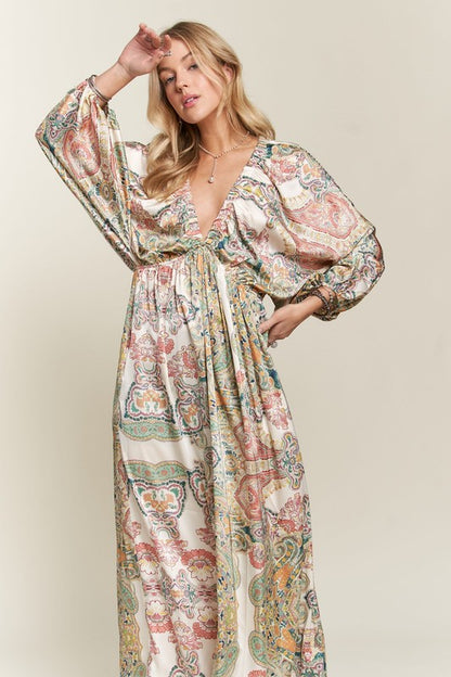 Light Green Printed V-Neck Batwing Sleeve Dress - Tigbul's Variety Fashion Shop