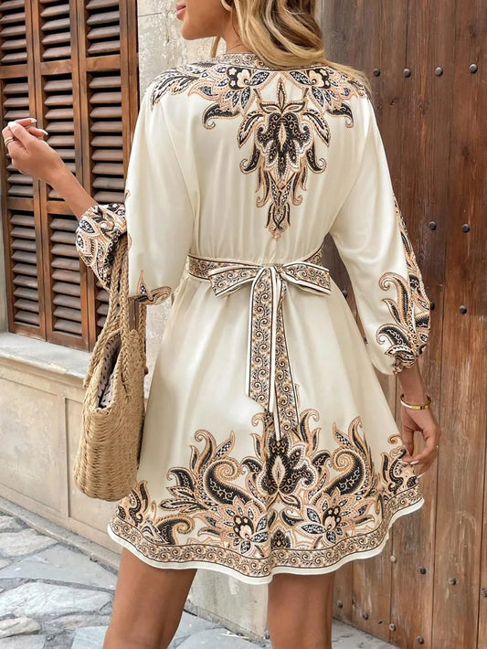 Paisley V-Neck 3/4 Sleeve Mini Dress - Tigbul's Variety Fashion Shop