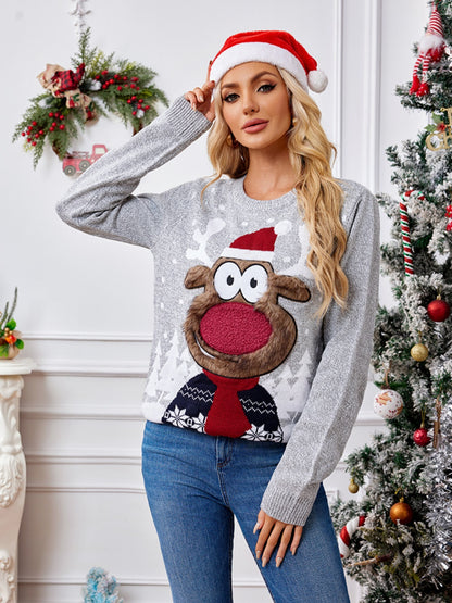 Reindeer Round Neck Long Sleeve Sweater - Tigbul's Variety Fashion Shop