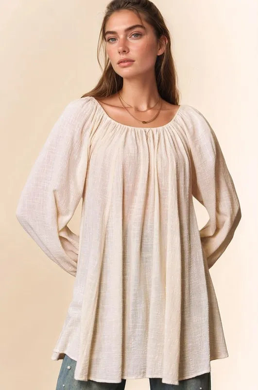 White Crinckled Texture Fabric Round Neck Swing Top - Tigbul's Variety Fashion Shop