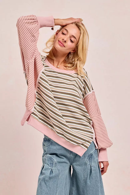 BiBi Stripe Mixed Top With Cut Edge And Reverse Outseam - Tigbul's Variety Fashion Shop