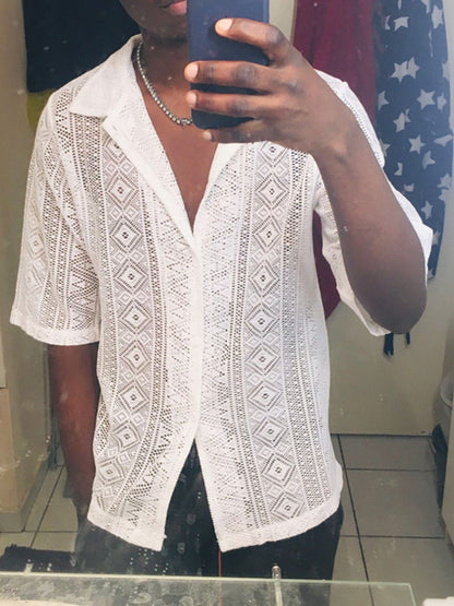 Men's Full Size Lace Half Sleeve Button Down Shirt Plus Size - Tigbul's Variety Fashion Shop