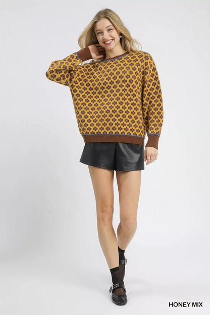 Umgee Abstract Print Crew Neck Sweater - Tigbul's Variety Fashion Shop