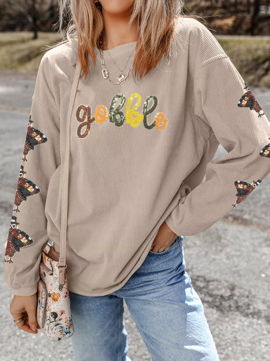 Gobble Corded Ribbed Thanksgiving Turkey Sequin Patched Sleeve Sweatshirt - Tigbul's Variety Fashion Shop