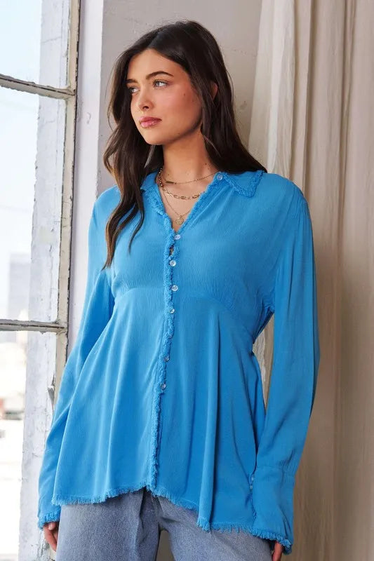 Blue V-Neck Open Back Adjustable Babydoll Shirt - Tigbul's Variety Fashion Shop