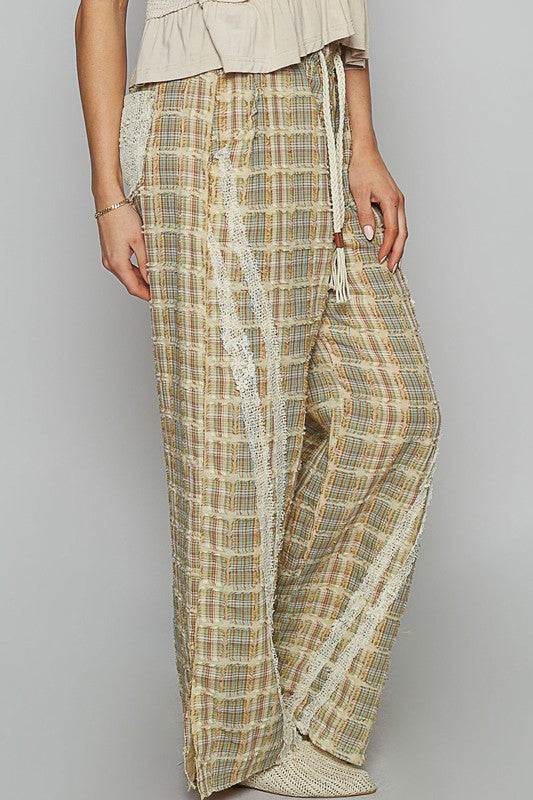 Lace Trim Drawstring Checkered Wide Leg Pants - Tigbul's Variety Fashion Shop