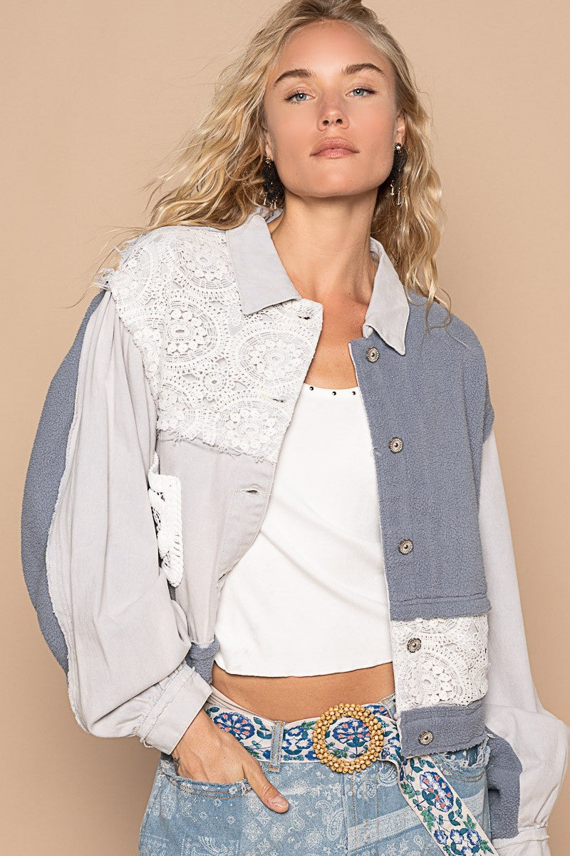 POL Crochet Patch Exposed Seam Button Up Jacket - Tigbul's Variety Fashion Shop