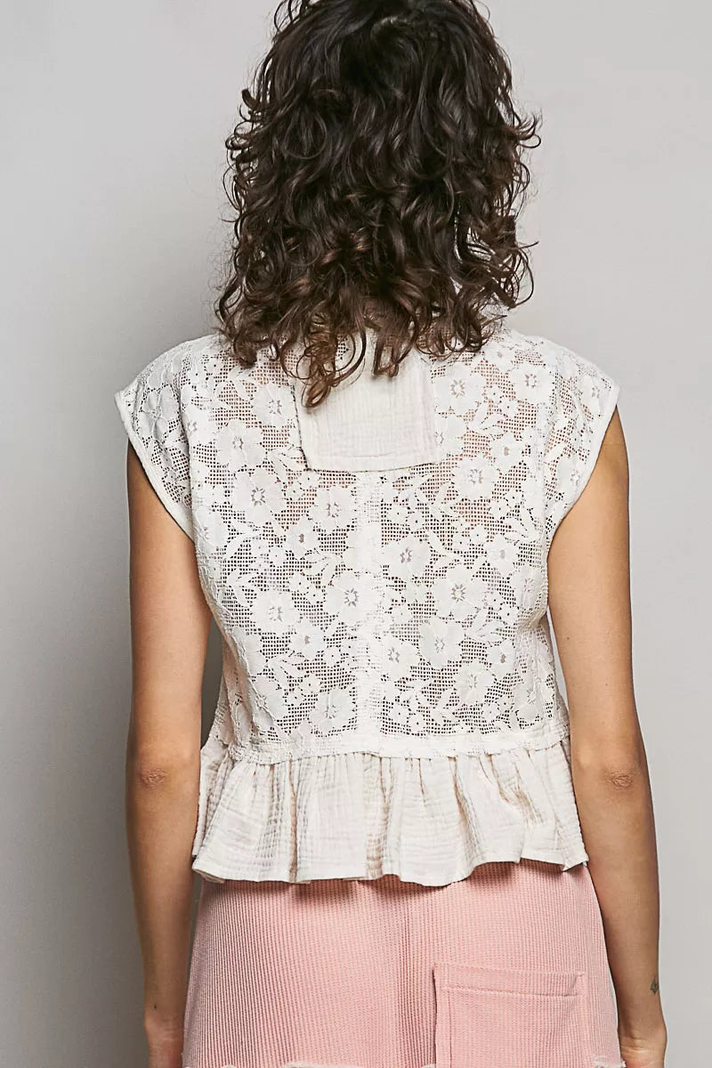 POL Round Neck Lace Sleeveless Top with Double Gauze Ruffle | Tigbuls