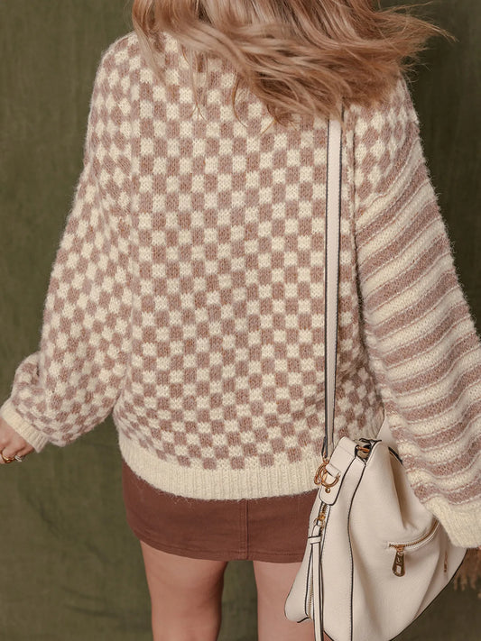 Stripe Checkerboard Drop Shoulder Balloon Sleeve Sweater - Tigbul's Variety Fashion Shop