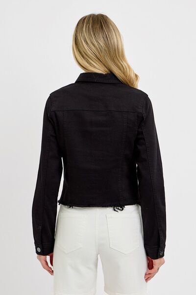 Black Irregular Fray Hem Button Up Denim Jacket Plus Size - Tigbul's Variety Fashion Shop