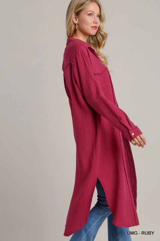 Umgee Cotton Gauze Button Down Shirt Dress - Tigbul's Variety Fashion Shop