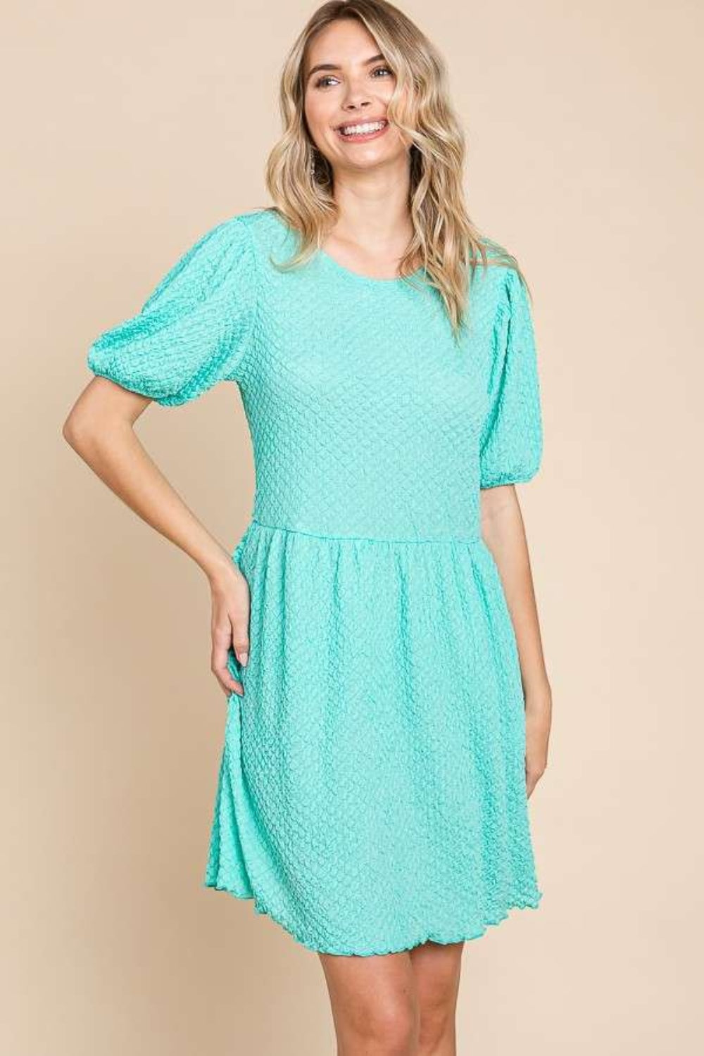 Culture Code Full Size Textured Round Neck Puff Sleeve Dress - Tigbul's Variety Fashion Shop