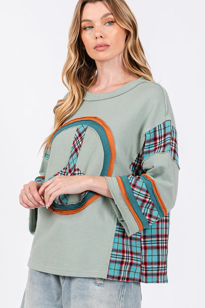 SAGE + FIG Peace Applique Patch Contrast Plaid Top - Tigbul's Variety Fashion Shop