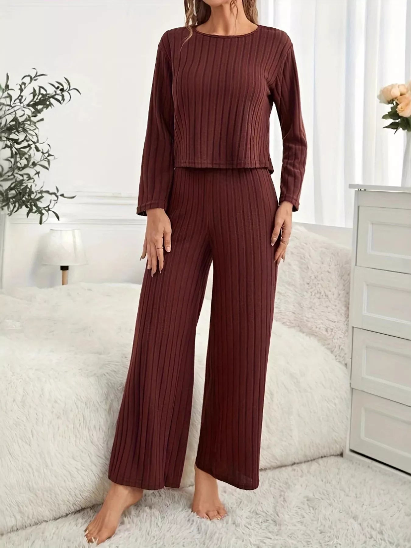 Ribbed Round Neck Long Sleeve Top and Pants Lounge Set - Tigbul's Variety Fashion Shop
