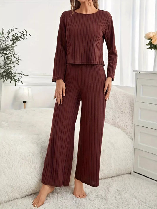 Ribbed Round Neck Long Sleeve Top and Pants Lounge Set - Tigbul's Variety Fashion Shop