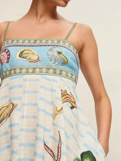 Ocean Print Spaghetti Strap Midi Dress - Tigbul's Variety Fashion Shop