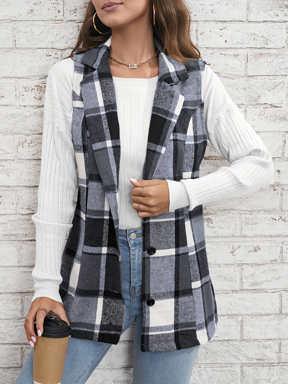 Plaid Button Down Vest Coat - Tigbul's Variety Fashion Shop