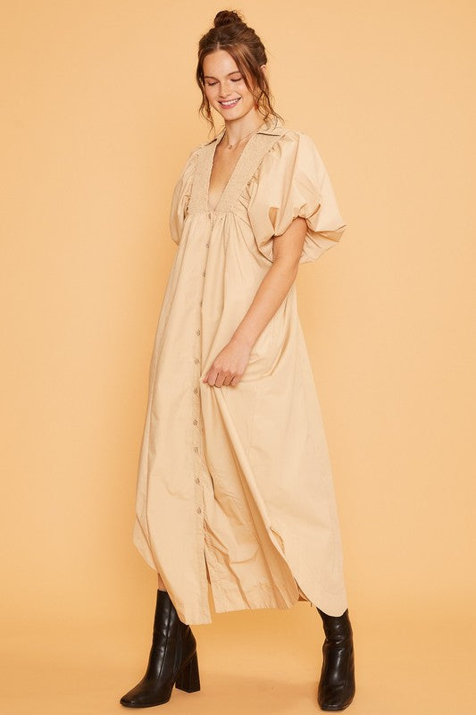 Annie Wear Smocked Puff Sleeve Midi Dress - Tigbul's Variety Fashion Shop