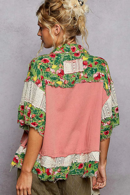 POL Lace Patch Floral Half Sleeve Shacket - Tigbul's Variety Fashion Shop